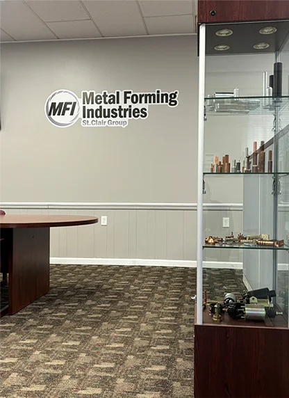 MFI lobby with logo and display case